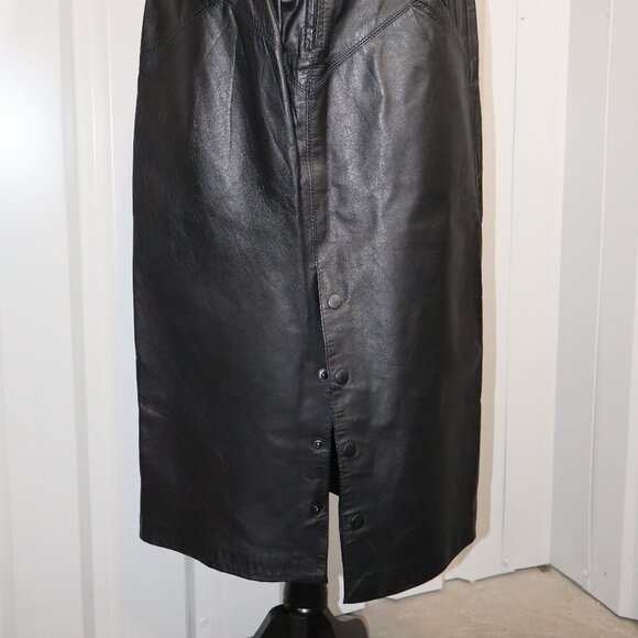 G-III Womens Vintage Black Leather Midi Pencil Skirt Back Snaps 80's Size 11/12 - Picture 4 of 11